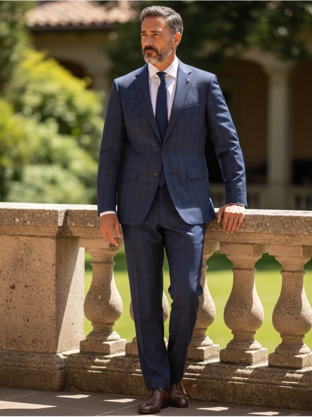 Bachrach Men's Slim Fit Super 120s Navy Checked Suit - Two-Piece 38R 31x32 pants